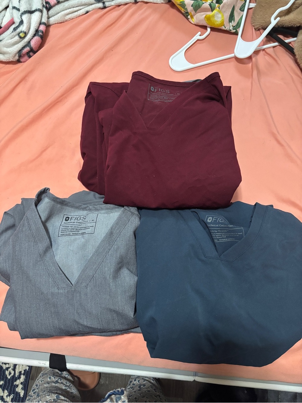 Figs V-Neck Scrub tops & Joggers — Maroon, Heather Gray, Gray Blue.